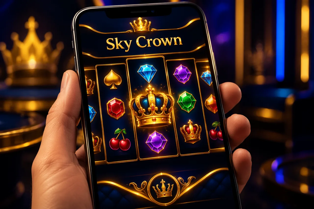 Sky Crown mobile casino running pokies on a phone
